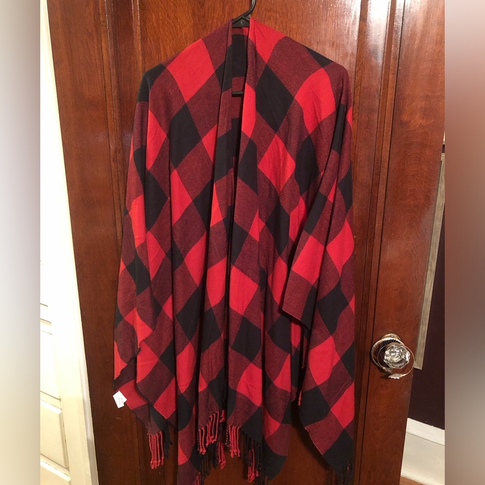 Black and red checkered open front shrug with fringe